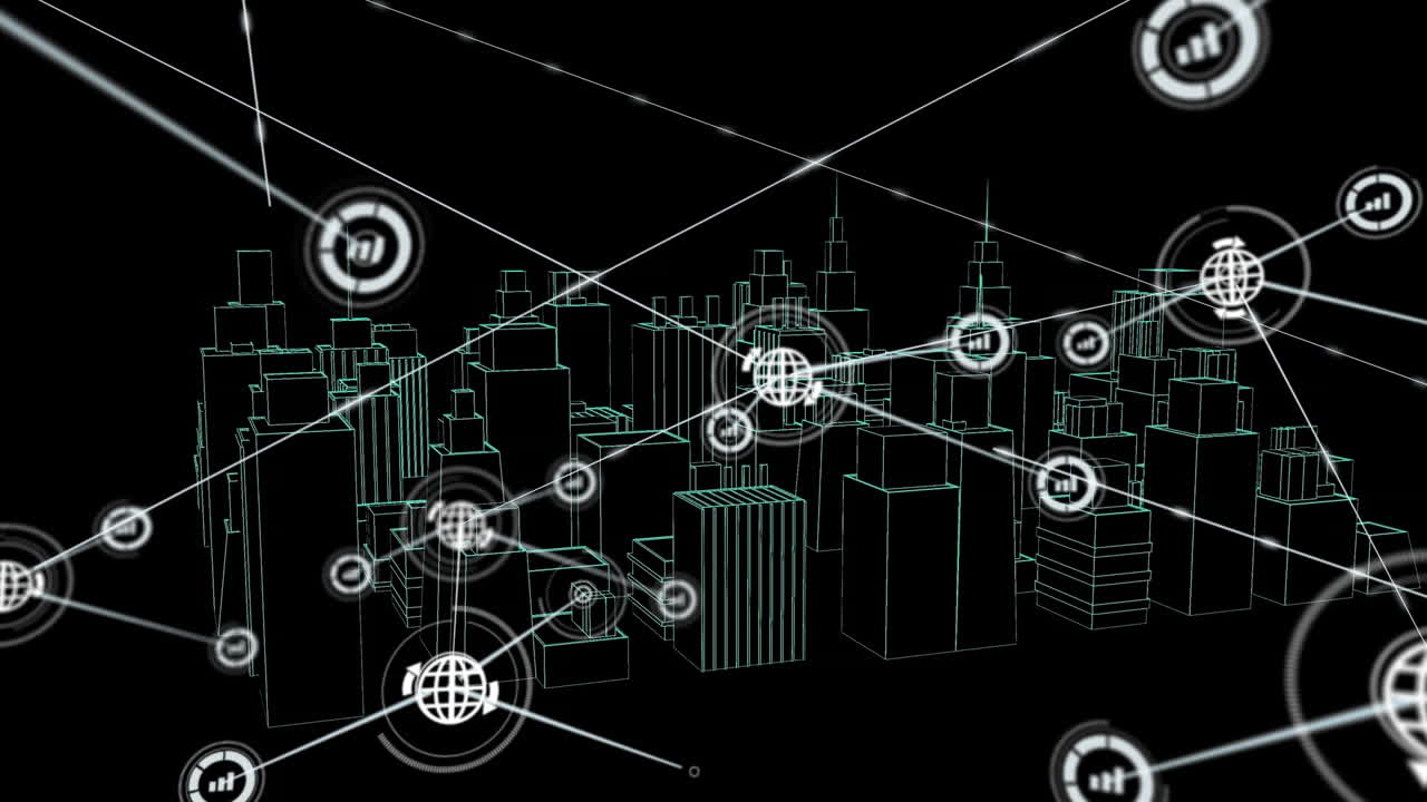 Animation of networks of connections with icons over 3d city drawing spinning on black background