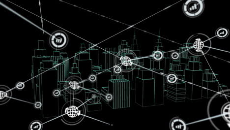 animation of networks of connections with icons over 3d city drawing spinning on black background