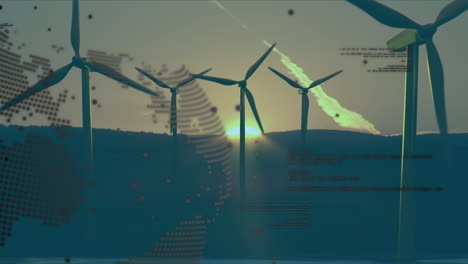 animación del globo y procesamiento de datos sobre turbinas eólicas al atardecer