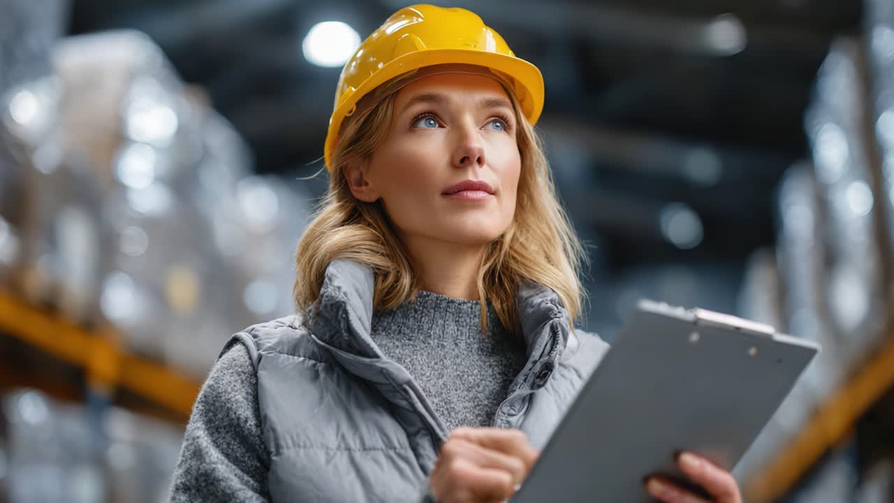 Focused on Safety and Efficiency: A Professional Woman in a Hard Hat Inspects Protocols in a Warehouse Environment