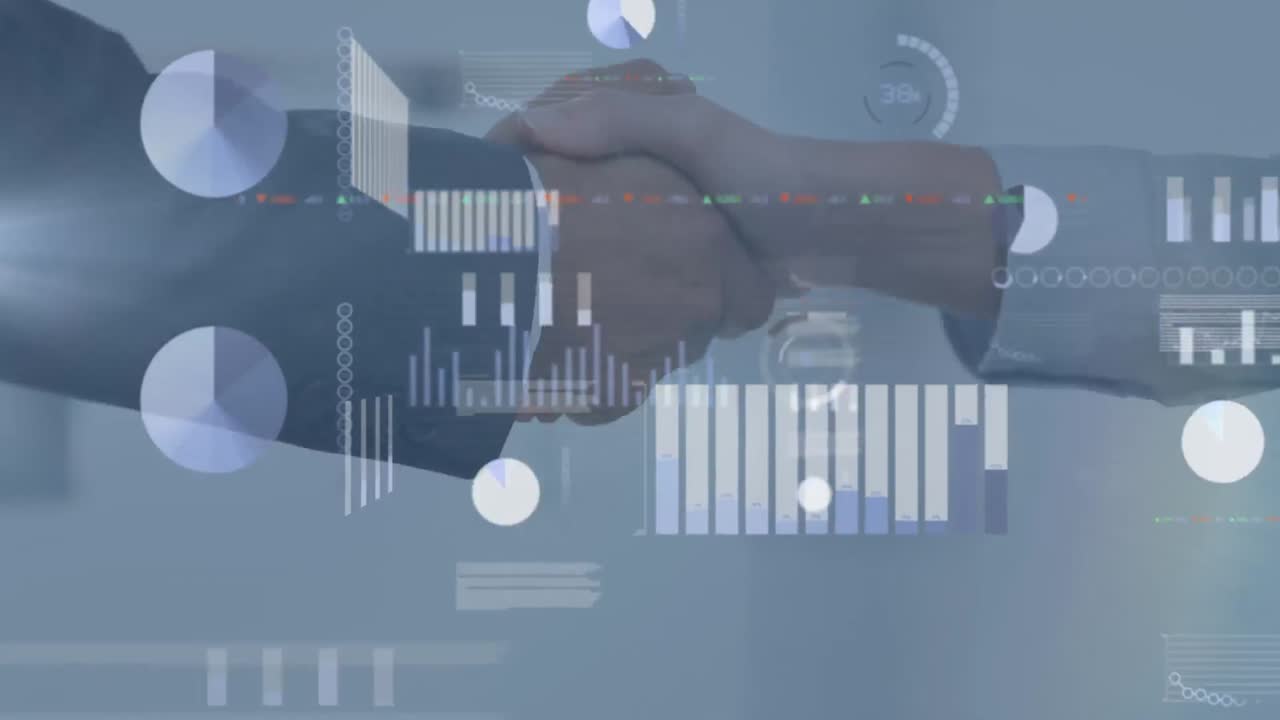 Animazione di elaborazione dati con stretta di mano sullo sfondo