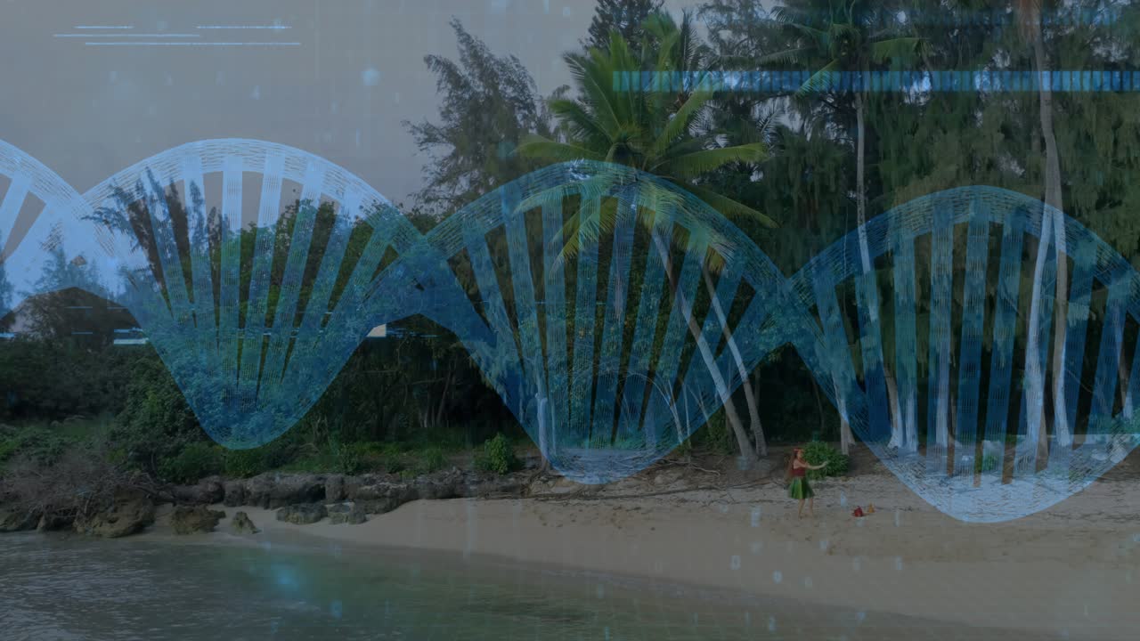 Woman entering, walking to palms, picking up red object; helix and code overlaying beach for tech