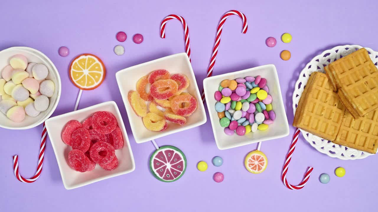 detención de movimiento plana de movimiento dulces coloridos dulces y piruletas en fondo púrpura pastel. detención de acción plana