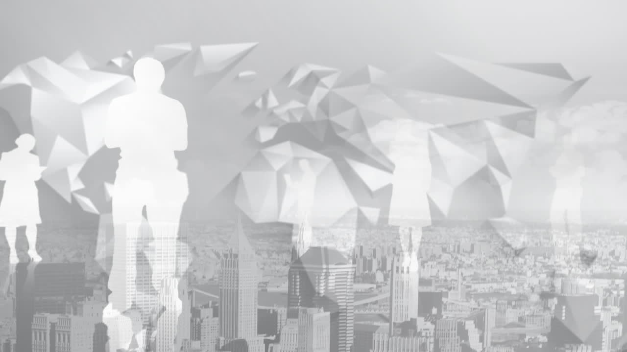 도시를 가로질러 모양과 사업가들의 애니메이션.