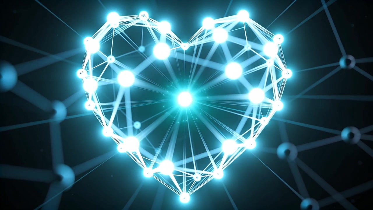 Nucleo centrale pulsante che emette raggi, nodi della rete a forma di cuore che si illuminano in un reticolo scuro, acquisendo potenza.