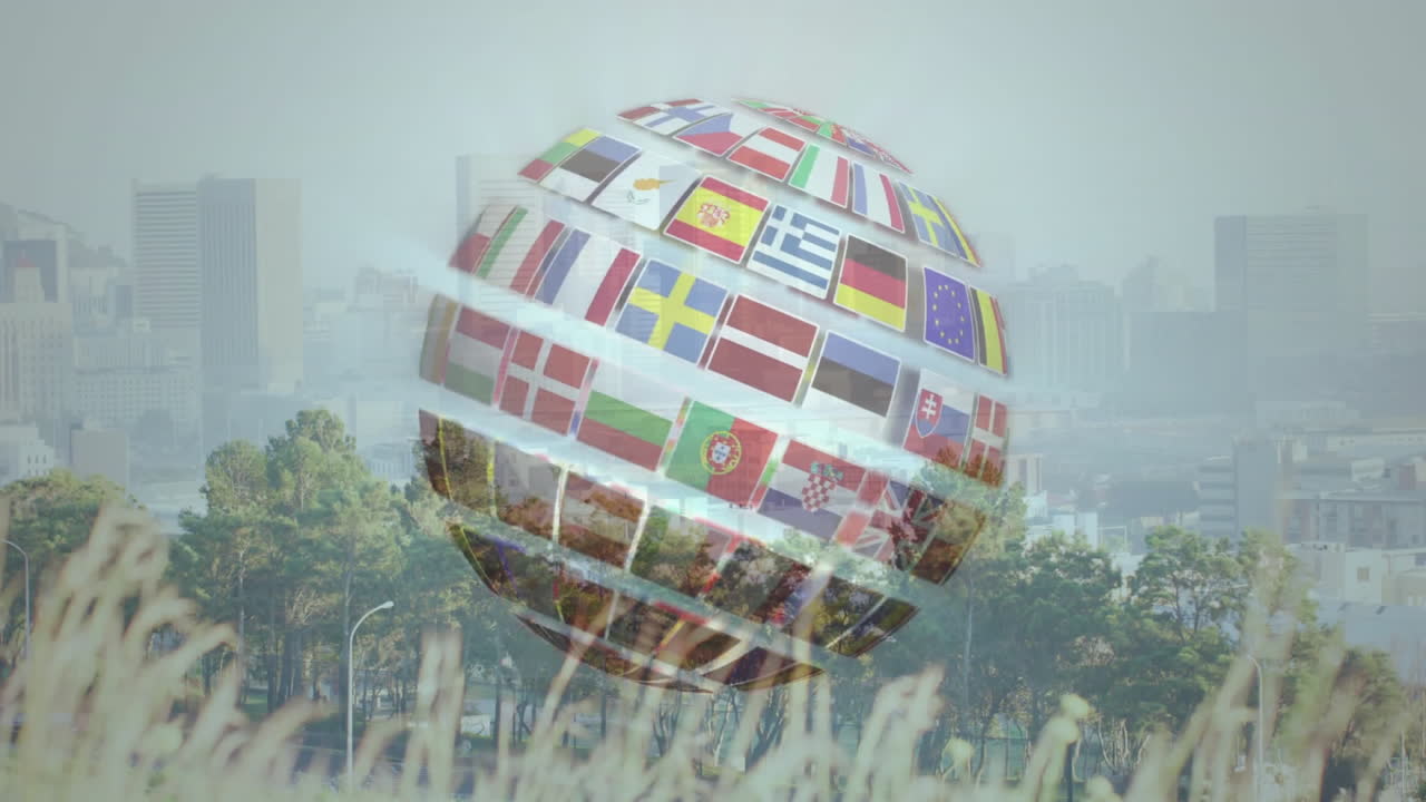Flags forming globe animation over cityscape with trees in foreground