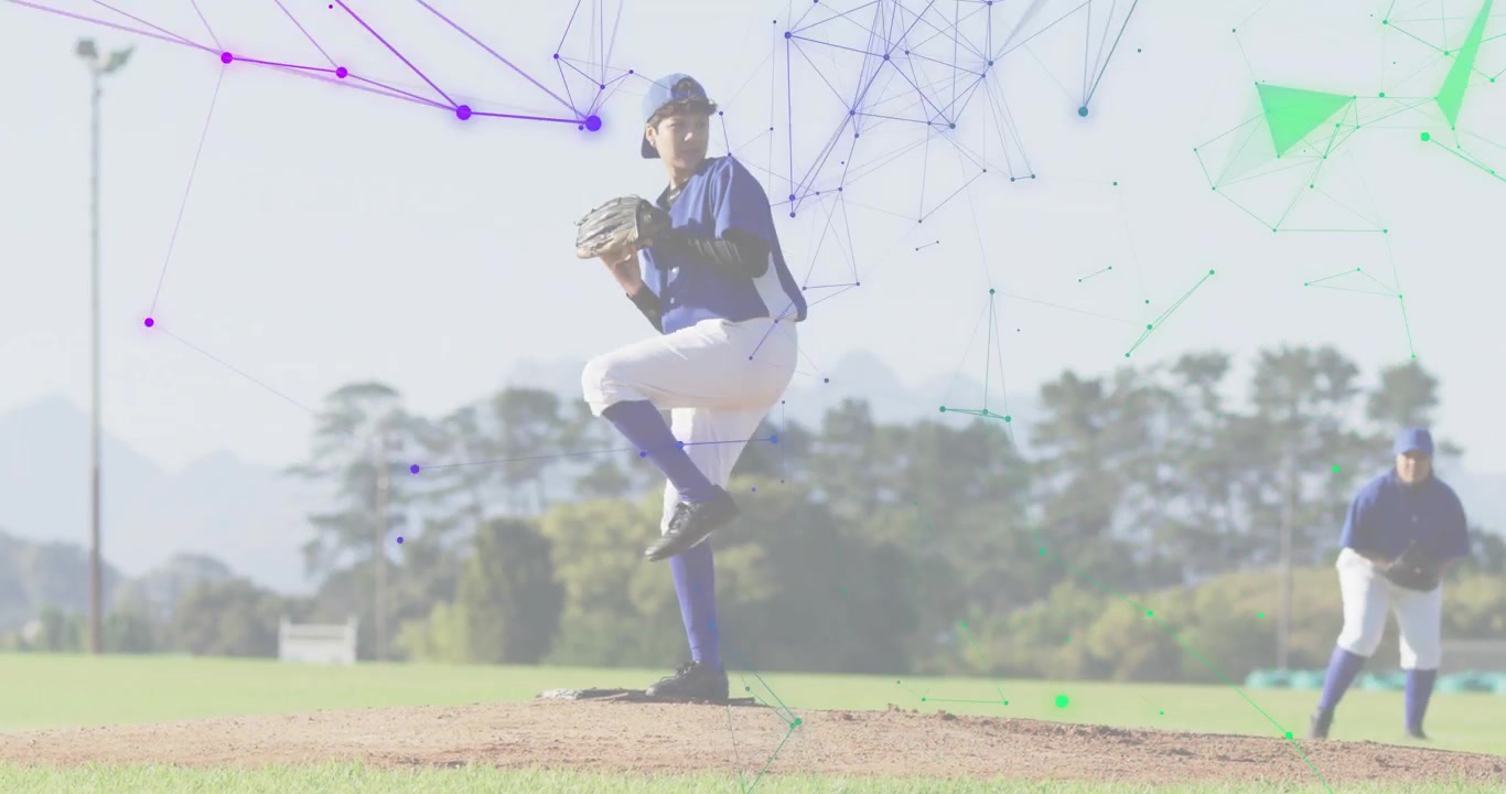 Lanciatore di baseball che sposta il peso sul monte di lancio, generando una scia di movimento verso il ricevitore per l'analisi del lancio.