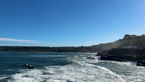 Imágenes-En-Cámara-Lenta-De-4k-De-Grandes-Olas-Del-Océano-Rompiendo-En-Acantilados-Durante-La-Marea-Alta-En-La-Jolla-Cove,-San-Diego-California