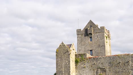 disparo inclinado hacia abajo del exterior del castillo de dunguaire en el condado de kinvarra en un día nublado