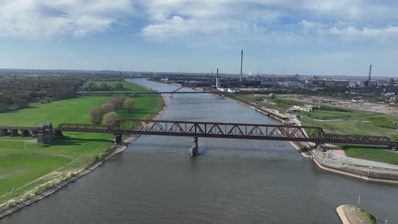 railroad bridge at duisburg, over the rhine river. Infrastructure. Aerial view.