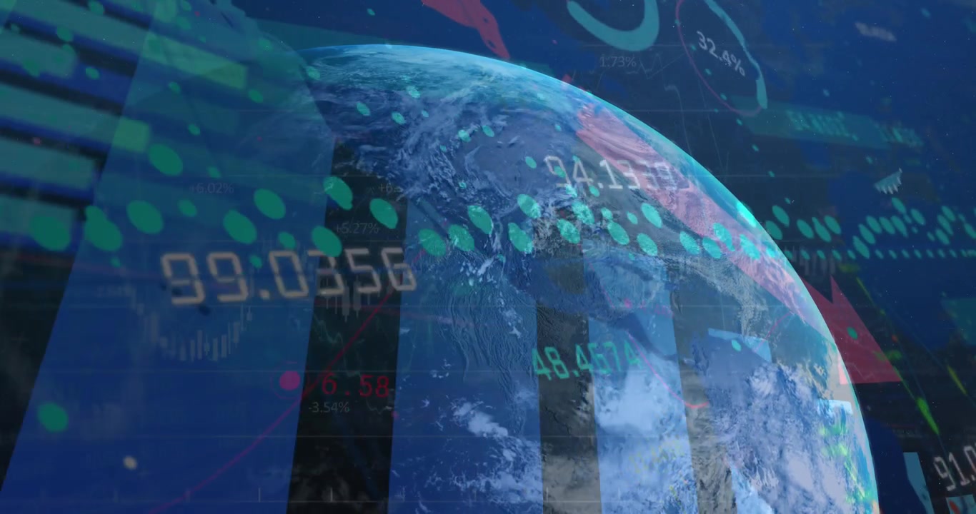 Global finansiell marknadsdata överlagrad på en roterande jord