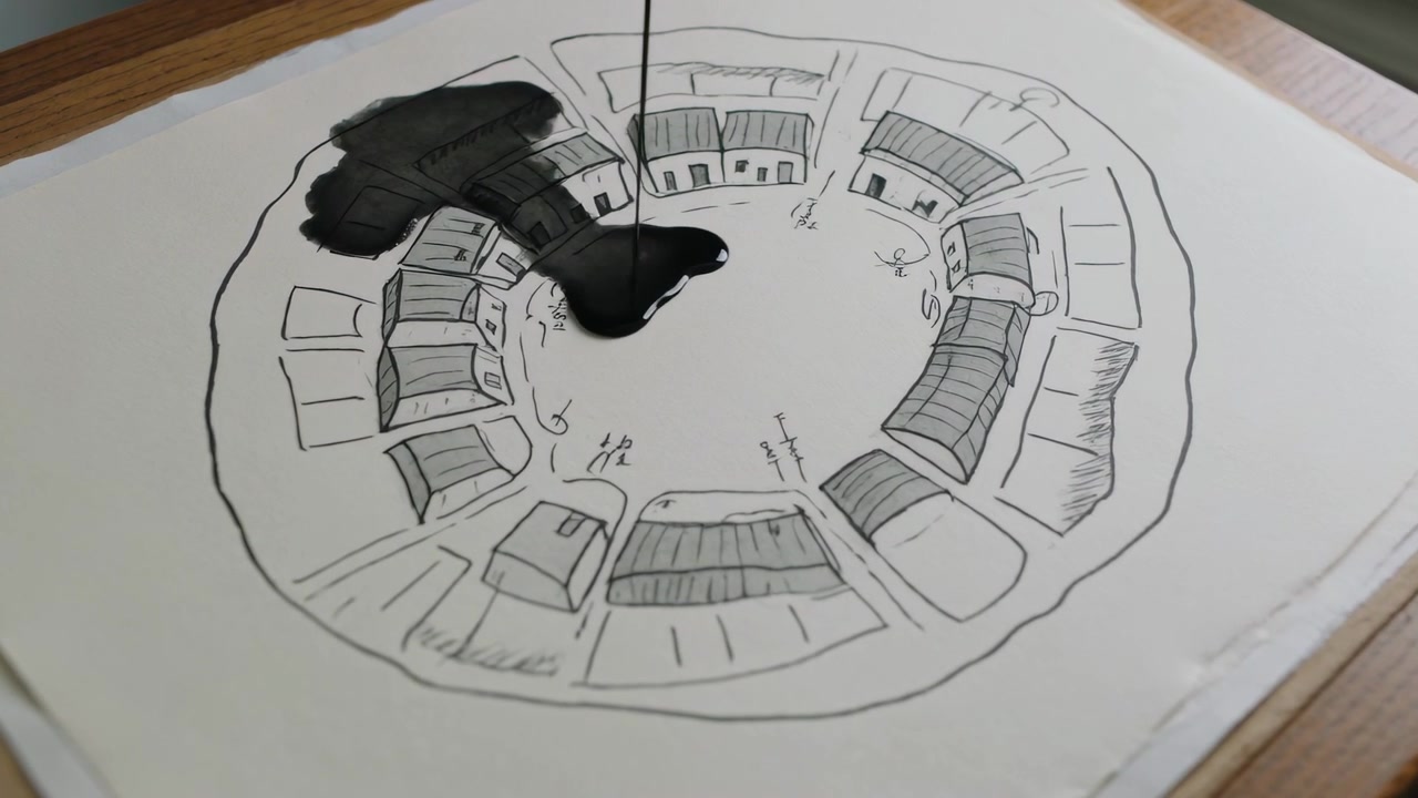 Pipetta che rilascia inchiostro nero su uno schizzo circolare dopo che una goccia ha toccato la carta, formando una macchia per l'arte