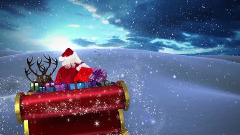 Animación-De-Santa-Claus-En-Trineo-Con-Regalos-De-Navidad-Y-Nieve-Cayendo-En-El-Paisaje-Invernal