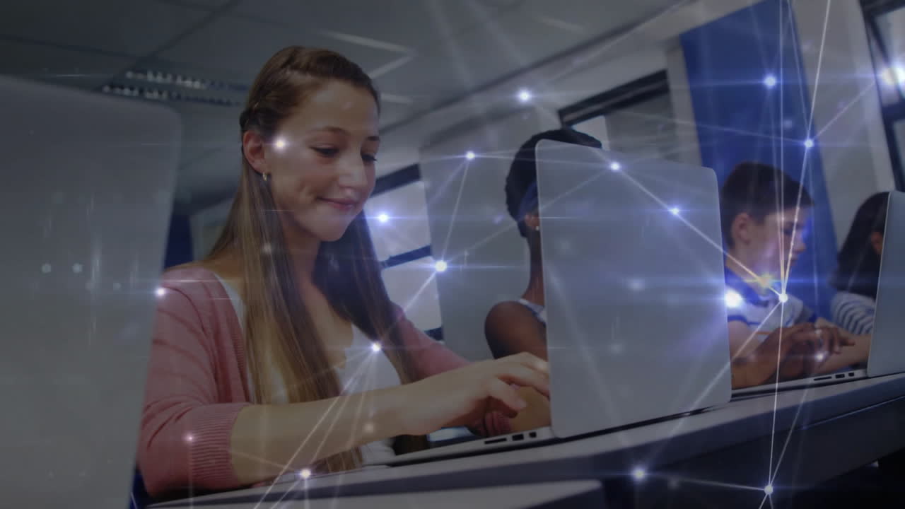 animation eines netzwerks von verbindungen über verschiedene schulkinder mit weiblicher lehrerin mit laptop