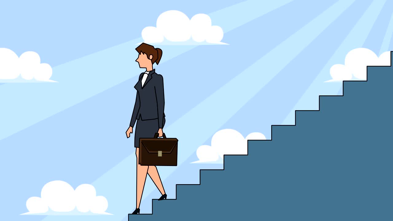 personaje de mujer de negocios de dibujos animados plano con bolsa de caso baja por la escalera de la carrera escaleras de concepto de animación