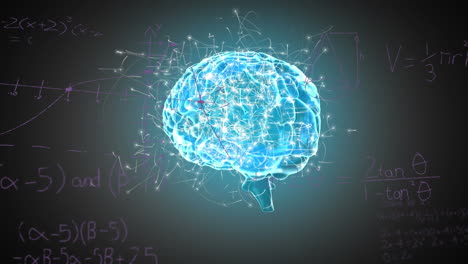 animación de ecuaciones matemáticas sobre el icono del cerebro humano giratorio contra un fondo negro
