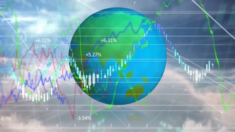 Animation-of-blue-globe-over-data-processing-and-digital-information