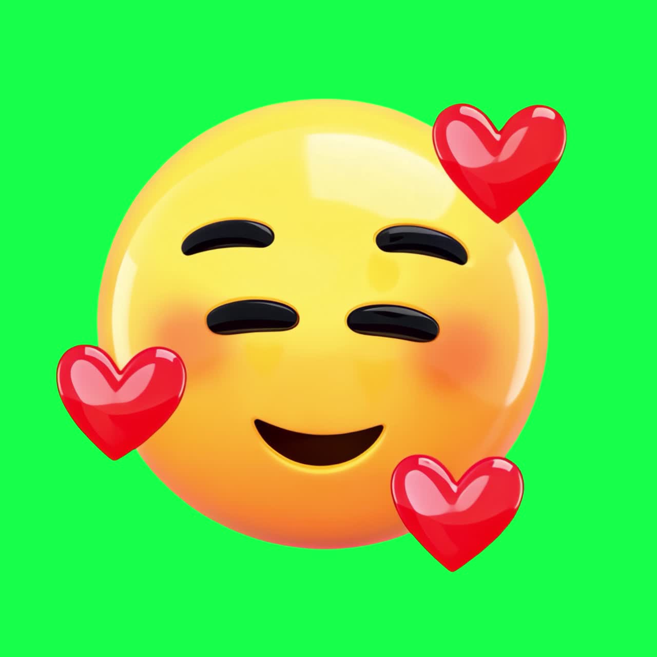 Smiling emoji surrounded by hearts animation, transparent 4K video, green screen