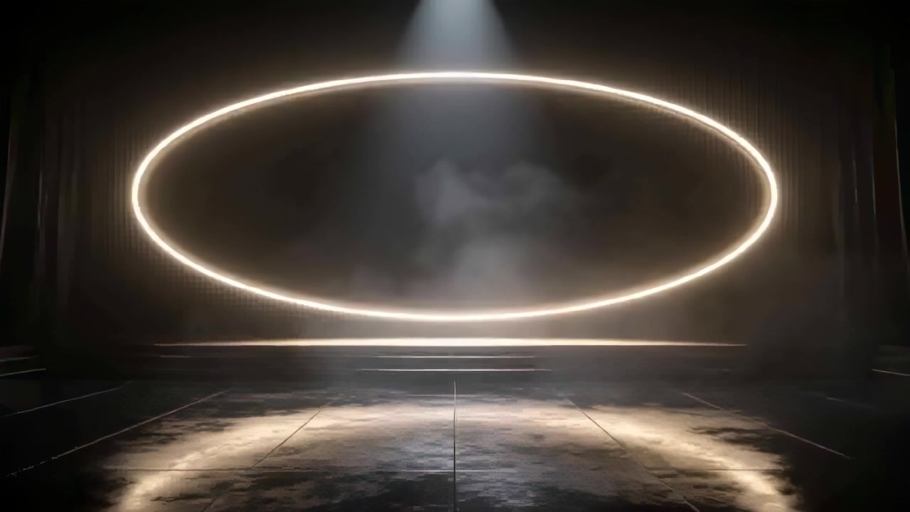 Nedfaldende spotlight centrerer oplyst oval bøjle på scenen, fremhæver stigende dis og spejlblankt gulv.