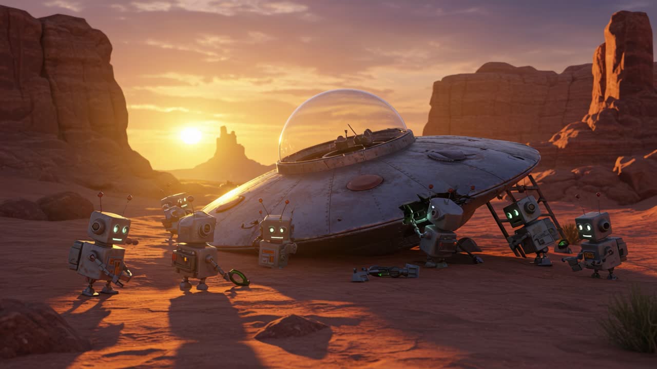 In a serene desert landscape, a group of quirky robots works diligently around a mysterious UFO, highlighting their teamwork during a cosmic adventure at sunrise
