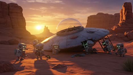 in a serene desert landscape, a group of quirky robots works diligently around a mysterious ufo, highlighting their teamwork during a cosmic adventure at sunrise