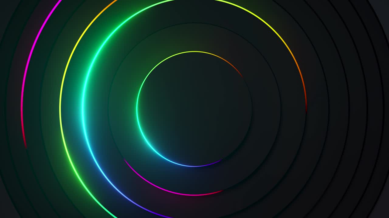 fondo de neón radial abstracto. líneas de neón láser se mueven en un círculo a lo largo de una geometría circular oscura. fondo de tecnología conceptual. espectro de luz arco iris. animación 3d de bucle sin costuras