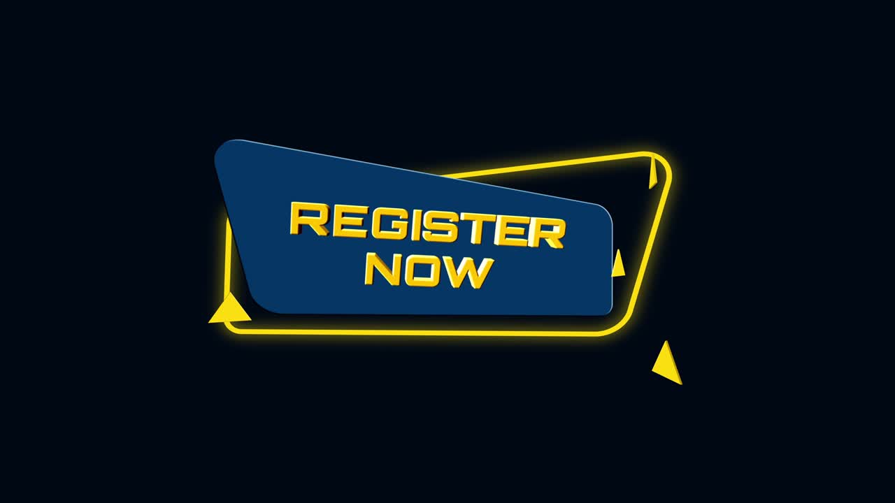 el texto de animación 3d se registra ahora en un estandarte geométrico plano de moda. objeto volador y giratorio. animación gráfica de movimiento de video 4k.