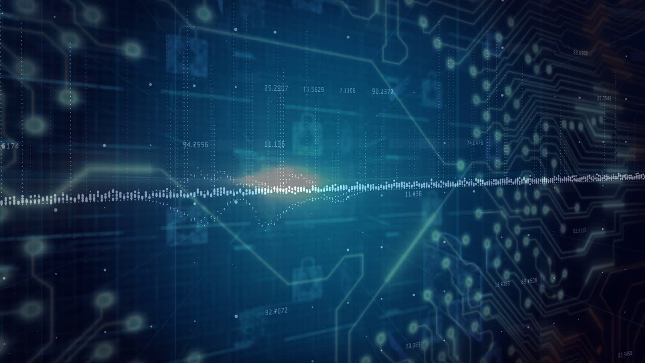 Dotted wave running as orange pulse pulsing, causing padlock forming, scaling, showing secure data
