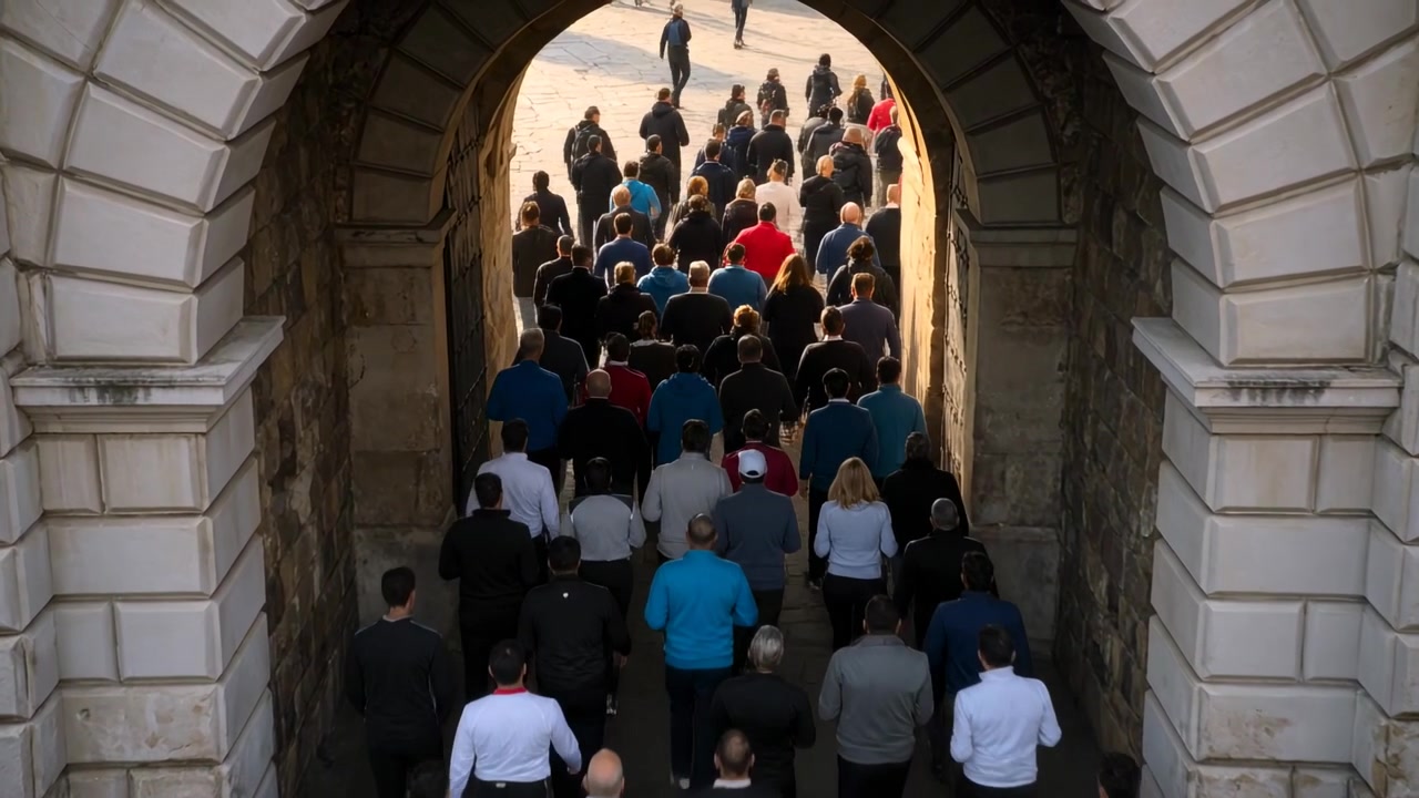Folla che cammina attraverso un arco di pietra verso una piazza illuminata dal sole, con zaini e giacche visibili.