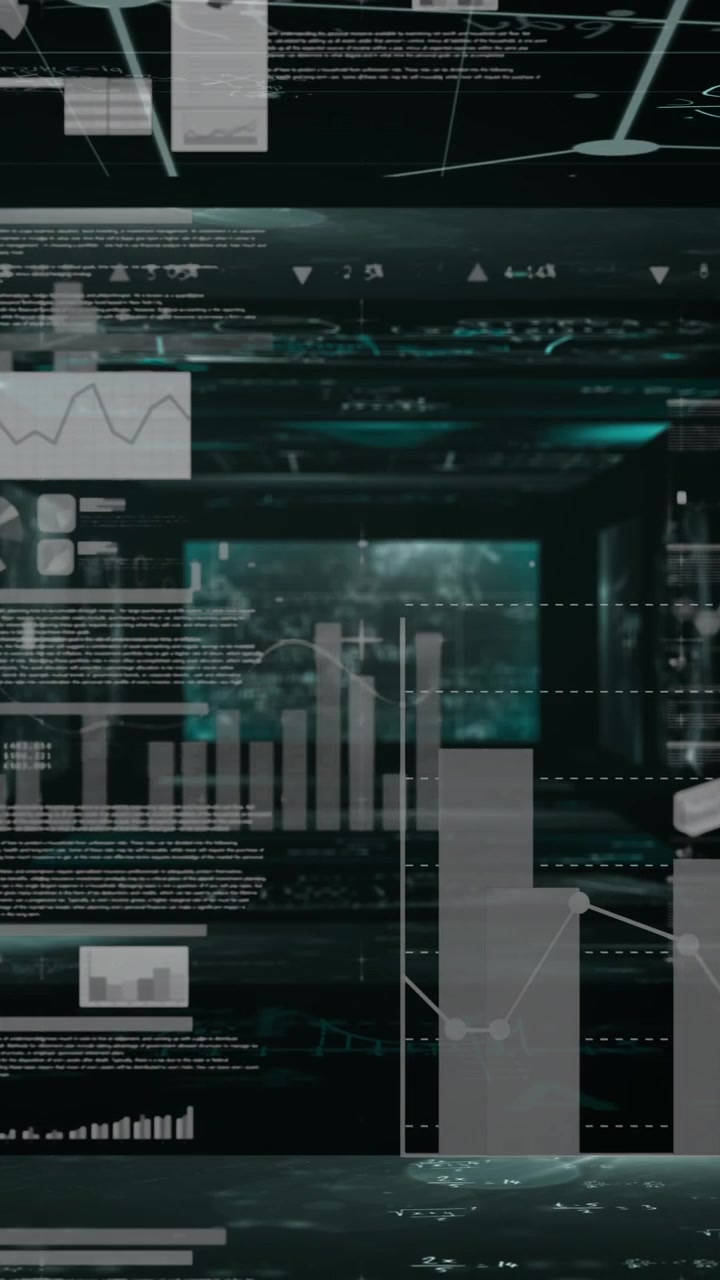 Mathematical equations floating against statistical data processing against black background