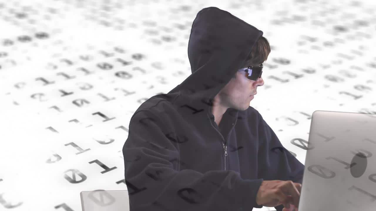 composición digital de un hacker masculino usando una computadora portátil contra el procesamiento de datos de codificación binaria en fondo blanco