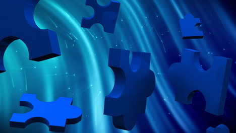 animación de rompecabezas azules flotando sobre un fondo azul claro