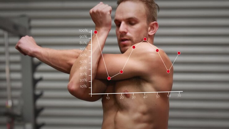 Animazione di elaborazione statistiche su uomo caucasico che si allena in palestra