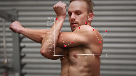 animation of statistics processing over caucasian man exercising in gym