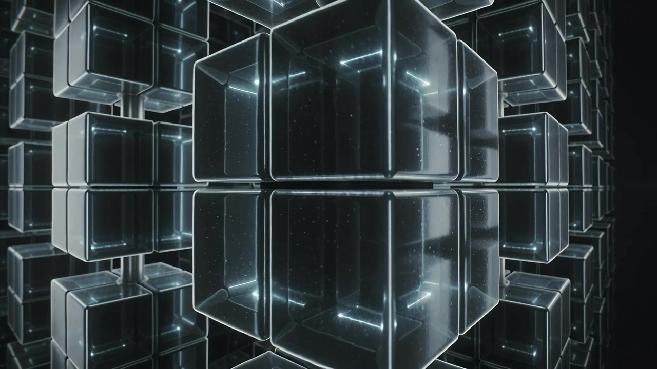 Dollying camera toward center column in 3D chamber, revealing glass cubes, neon rims, rods, dust
