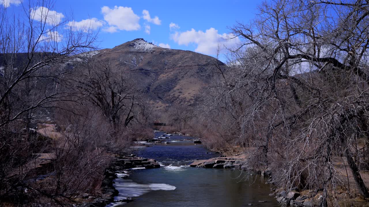 Downtown Clear Creek River Park Golden Colorado aerial drone street view Golden Gate Canyon Lookout mountain winter sunny morning afternoon blue sky clouds ice bridge street view static shot