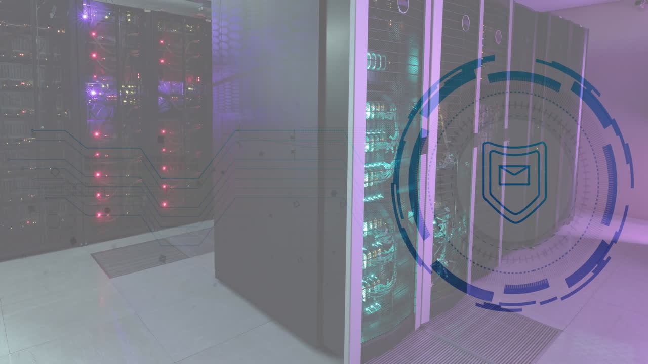 Animation of envelope and shield in loading circles, illuminated data server racks in server room
