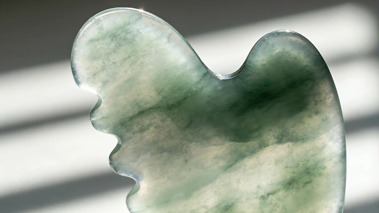 Contraluz cambiante que hace que una piedra gua sha con forma de ala revele vetas verdes en la ventana, con sombras de persianas.