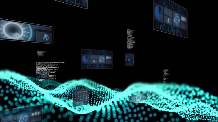 Animation of scopes scanning and data processing on dark background