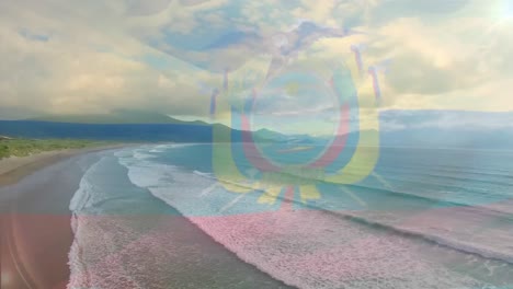 animation of flag of ecuador blowing over beach landscape