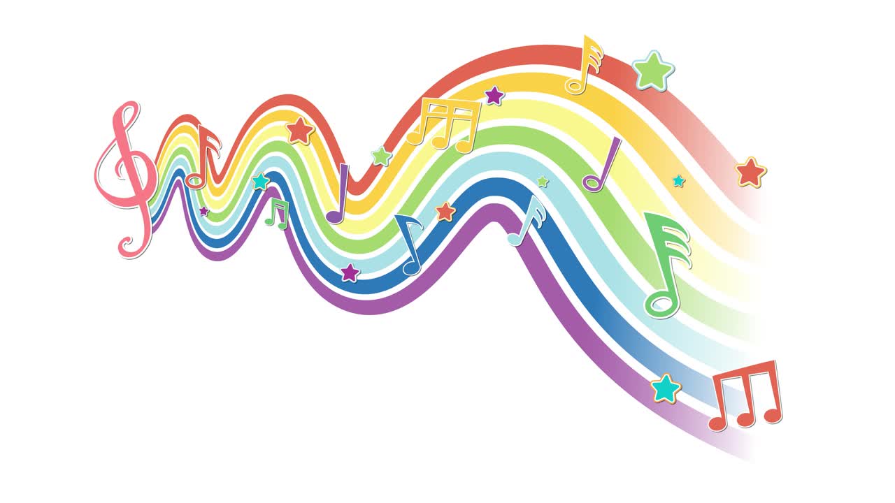 Vibrant animation of flowing rainbow waves with musical notes and stars, creating a lively and cheerful atmosphere
