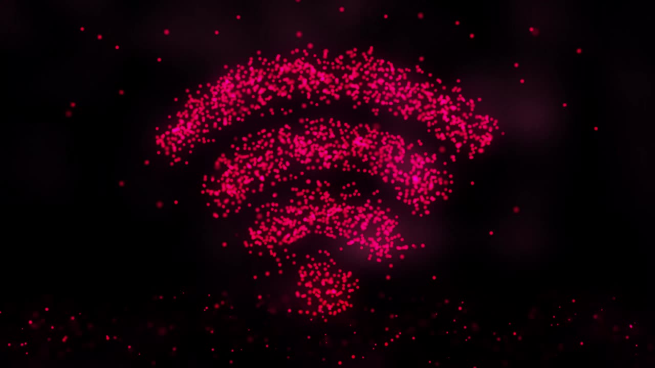 animación de partículas voladoras parpadeantes forman un signo wifi o un símbolo de internet en un fondo oscuro con un mapa de la tierra de puntos. animación de un bucle sin costuras