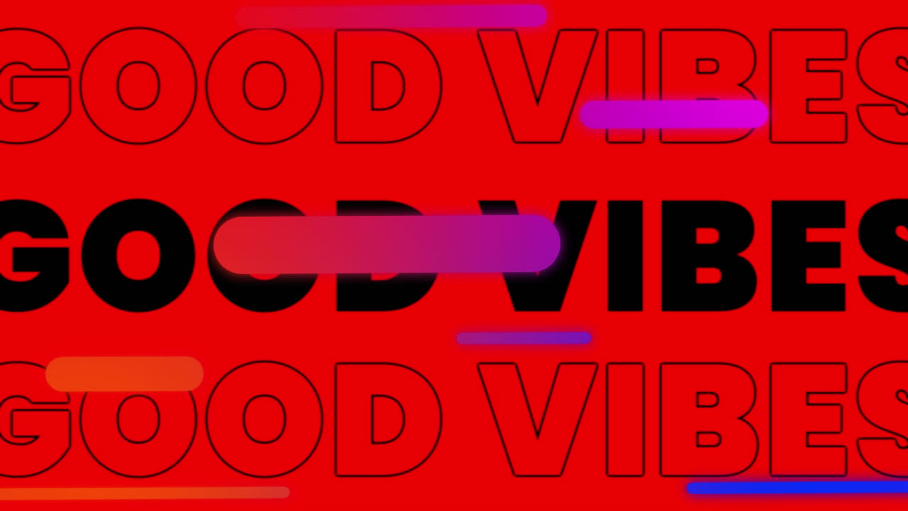 animación de texto buenas vibraciones, con formas de cápsula roja, en fondos negros, blancos, rojos, luego azules