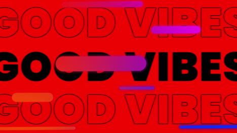 animation of text good vibes, with red capsule shapes, on black, white, red, then blue backgrounds