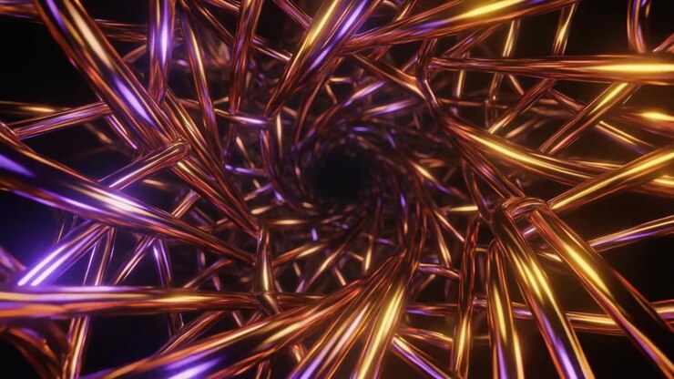 Animação 3D Abstrata de Tubos Metálicos Formando um Túnel