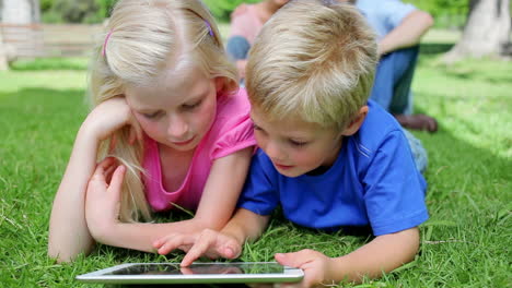 brother and sister using a tablet pc together while lying in the grass