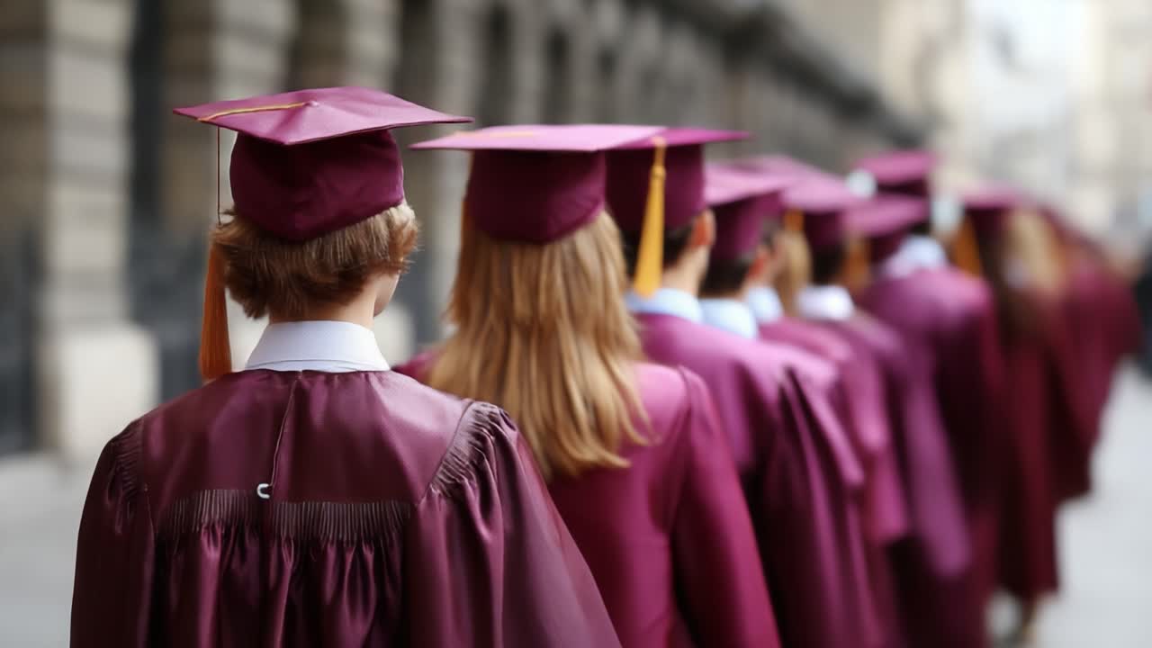 A Group of Graduates in Maroon Caps and Gowns Walking in Procession, Celebrating Their Academic Achievements Outside of a Historic Building