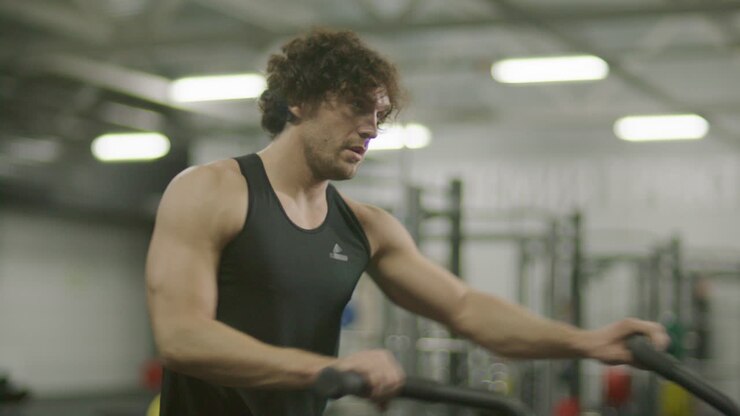 Strong Man Exercising on Air Bike during Fitness Session at Gym