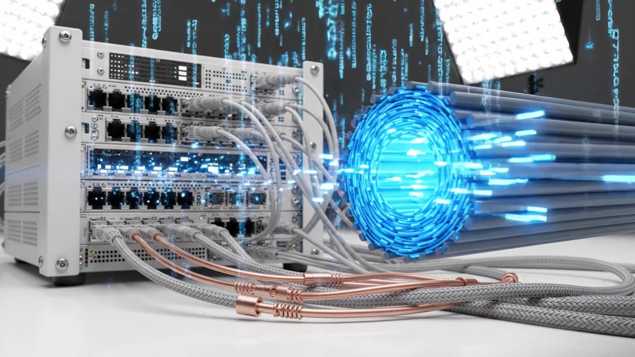 Advanced Data Transmission System with High-Speed Connectivity and Glowing Fiber Optic Cables Creating a Dynamic Visual Experience and Modern Interface