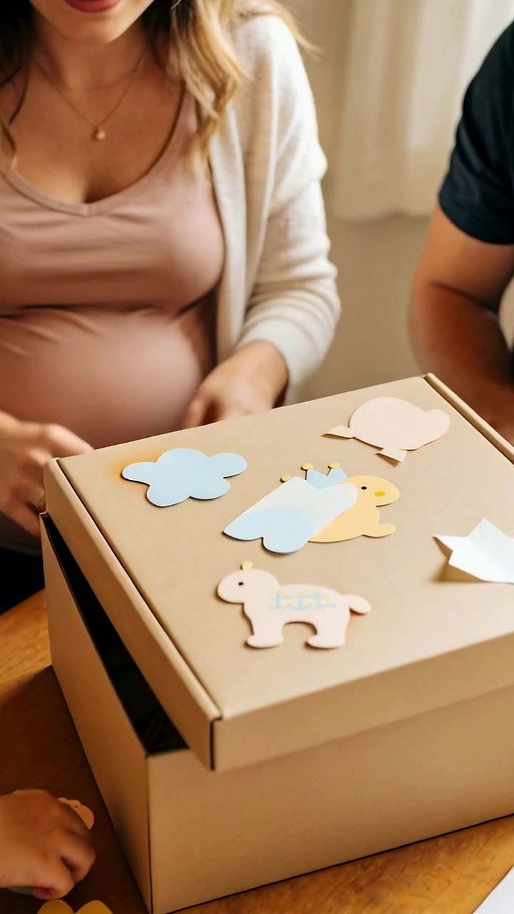 Vertical video: Hands joining pregnant woman in pink top arranging cutouts on box for baby at home